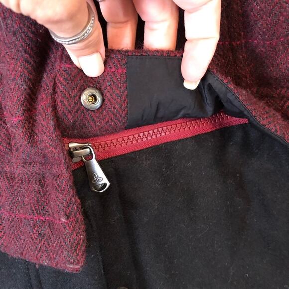 Prana Wool Coat Womens Medium Plaid Convertible Black Herringbone Winter Warm - Picture 5 of 12